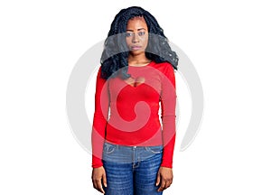 Beautiful african american woman wearing casual clothes depressed and worry for distress, crying angry and afraid