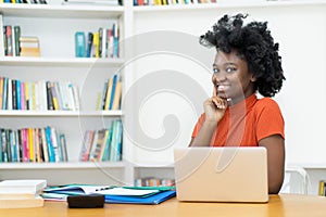 Beautiful african american young adult woman at computer