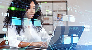 African woman with laptop using DMS interface