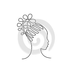 Beautiful african girl face in profile with curly hair in traditional afro hairstyle Continuous one line drawing, Vector female