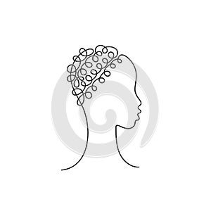 Beautiful african girl face in profile with curly short hair afro style Continuous one line drawing, Vector female fashion illustr