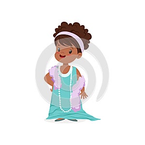 Beautiful african girl wearing dult oversized light blue dress and beads, kid pretending to be adult vector Illustration