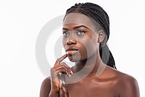 Beautiful african woman face close up portrait studio on white background