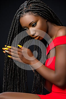 Beautiful african woman touching long braided hair.