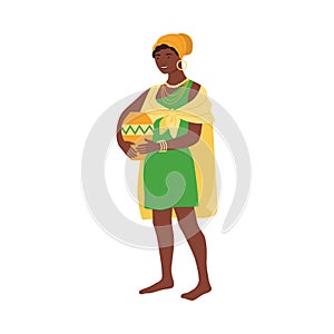 Beautiful African woman in traditional bright national clothes holding clay jug cartoon vector illustration