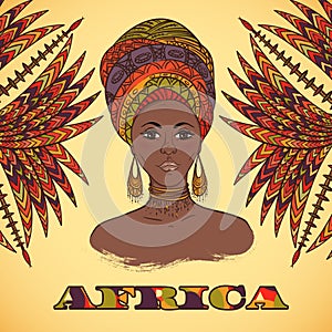 Beautiful African woman in turban and abstract palm leaves with ethnic geometric ornament.