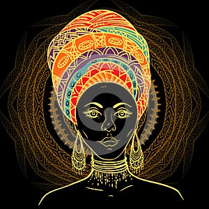 Beautiful African woman in turban over ornate mandala round pattern.