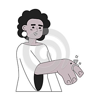 Beautiful afro american fiancee with ring on finger monochromatic flat vector character