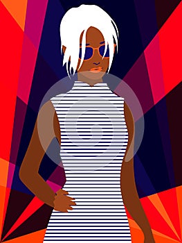 Beautiful afro american woman with platinum hair in sunglasses on bright background