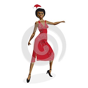 Beautiful afro woman in red dress dancing on night party. V