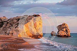 Beautiful afternoon view of the beach around Petra tou Romiou, also known as Aphrodite`s birthplace, in Paphos, Cyprus