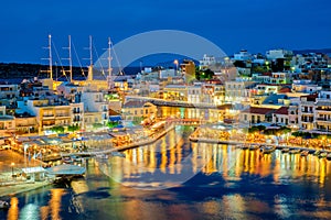 Beautiful Agios Nikolaos town at night. Lasithi region of Crete island, Greece