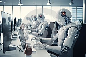 AI Robots using multiple computers working monitoring data in office Generative AI
