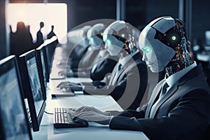 AI Robots using multiple computers working monitoring data in office Generative AI