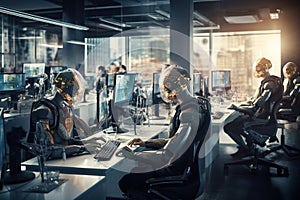 AI Robots using multiple computers working monitoring data in office Generative AI