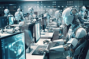 AI Robots using multiple computers working monitoring data in office Generative AI