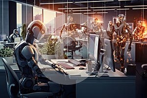 AI Robots using multiple computers working monitoring data in office Generative AI