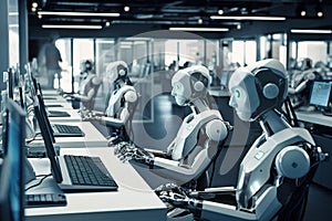 AI Robots using multiple computers working monitoring data in office Generative AI