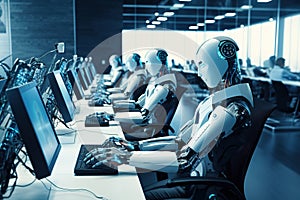 AI Robots using multiple computers working monitoring data in office Generative AI