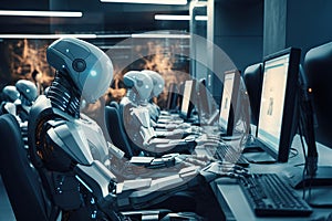 AI Robots using multiple computers working monitoring data in office Generative AI
