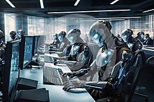 AI Robots using multiple computers working monitoring data in office Generative AI