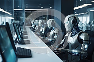 AI Robots using multiple computers working monitoring data in office Generative AI