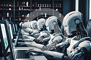 AI Robots using multiple computers working monitoring data in office Generative AI