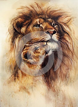 Beautiful airbrush painting of a loving lion and her baby cub