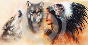 beautiful airbrush painting of an young indian warrior accompani