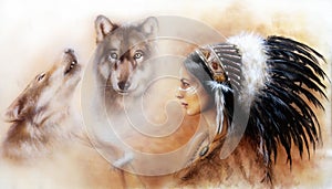 Beautiful painting of a young indian woman with wolves