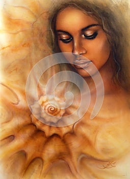 beautiful airbrush portrait of a young woman with closed eyes meditating upon a spiraling seashell