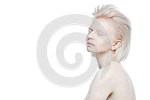 Beautiful albino girl on white background