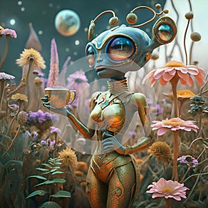 beautiful alien lady with huge eyes in golden dress drinking a tea around blossom flowers. Digital artwork. Ai generated