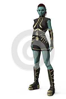 Beautiful alien space woman wearing a futuristic costume