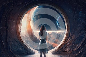 beautiful allegorical picture with person in space of future futuristic virtual world