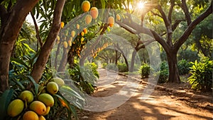 Beautiful alley with mango trees in the garden tropical season