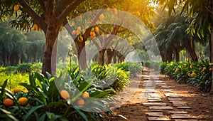 Beautiful alley with mango trees in the garden tropical season asian