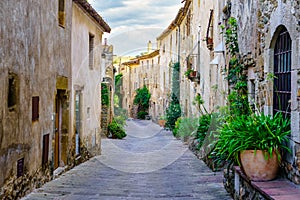 Beautiful alley with old stone houses and pots on the street with plants and flowers, Monells, Girona, Catalonia.