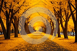Beautiful alley in a park with yellow trees and sunlight