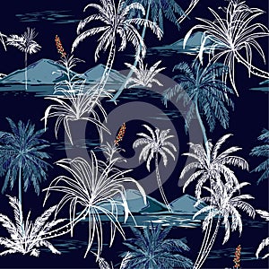 Beautiful Aloha monotone blue seamless island pattern vector. Landscape with palm trees,beach and ocean vector hand drawn style