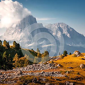 Beautiful alpine countryside. Scenic image of famous Sassolungo peak with overcast perfect blue sky. Wonderful Vall Gardena under