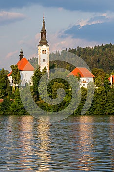 Beautiful alpine lake Bled - in Slovenia, amazing landscape. View of the lake, island with church, Bled Castle, mountains and blue
