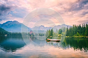 Beautiful landscape, mountains and water, lake Strbske pleso, High Tatras, Slovakia