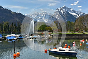 Beautiful alpine lake. Walensee lake, village of Weesen, Switzerland