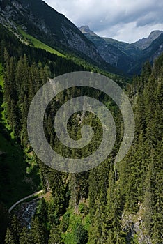 Beautiful alpine landscape with green meadows, alpine cottages and mountain peaks, Lechtal, Lech, Austria