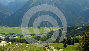 Beautiful alpine landscape with green meadows, alpine cottages and mountain peaks, Lechtal, Lech, Austria