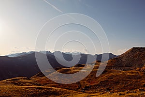Beautiful alpine landscape with mountain range silhouette photo