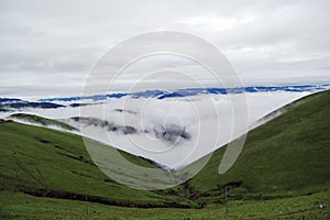 Beautiful alpine meadows, clouds and mists in the mountains, like fairyland