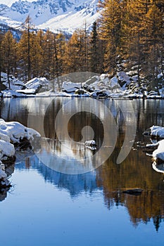 Beautiful alpine panorama with lake rocks forest and snow