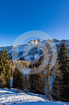 Beautiful alpine panoramic view of snowy mountains, beautiful European winter mountains in Italy Dolomites, lope for cross country